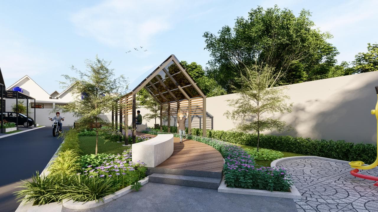 Taman dengan pergola dan jalur pejalan kaki