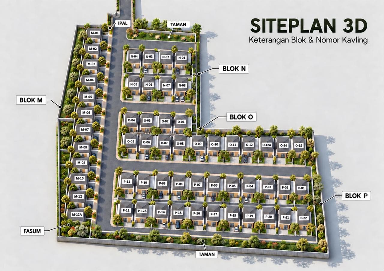 Cluster Elaris 3D site plan: blocks M, N, O, and P